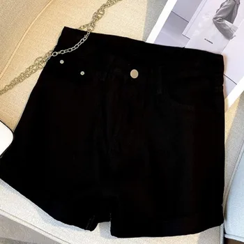 Черные джинсовые шорты Летние женские в стиле ретро с карманами на талии В британском стиле, женская сексуальная универсальная простая повседневная шикарная уличная одежда