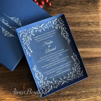 2022 белое прозрачное акриловое приглашение на свадьбу с рисунком листьев в синей коробке
