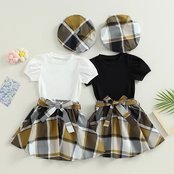FOCUSNORM/ Модные комплекты одежды из 3 предметов для маленьких девочек от 3 до 7 лет, однотонные футболки с короткими рукавами, топы + Клетчатая юбка + Берет