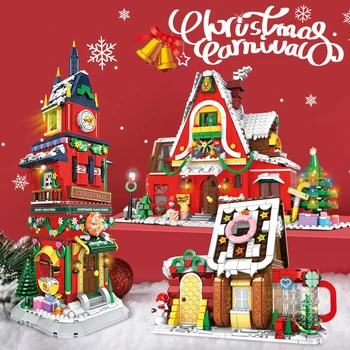 Веселая рождественская елка, модель деда Мороза, строительные блоки, кирпичи, городок, деревня с оленями, зимнее украшение, подарки для девочек и друзей