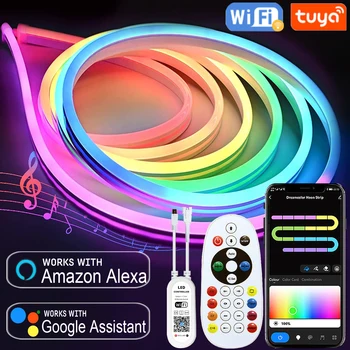 Светодиодная лента 12 В неоновые огни Tuya Smart Life WiFi Bluetooth RGBIC Неоновые веревочные огни Декор комнаты Alexa Google Home fita de led