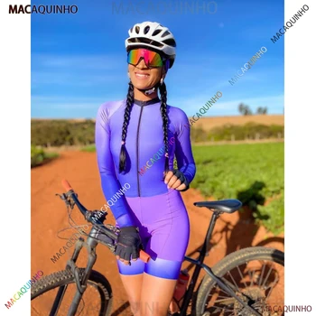 Женский велосипедный комбинезон с длинным рукавом фиолетового цвета, солнцезащитная одежда для горных велосипедов, гелевая подкладка для триатлона