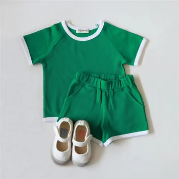 Детская летняя одежда, футболки с короткими рукавами для маленьких мальчиков + шорты в рубчик, 2 шт., комплект одежды для маленьких девочек