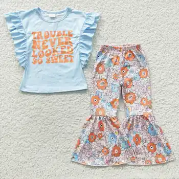 gspo0539, синий комплект брюк с развевающимися рукавами и цветочным рисунком, весенний бутик одежды для маленьких девочек в западном стиле, комплект из двух предметов