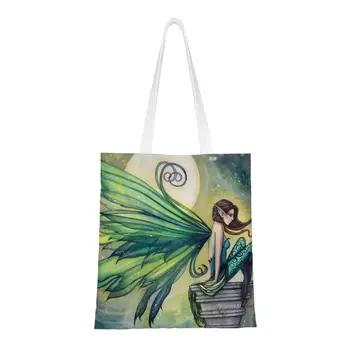 Аквамариновая фея и Луна, небесная фантазия, художественная сумка для покупок, холщовая сумка для покупок, сумка-тоут на плечо, сумка Молли Харрисон