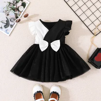 FOCUSNORM/ Летнее платье для маленьких девочек от 0 до 3 лет, с оборками, коротким рукавом, V-образным вырезом, контрастного цвета, в стиле пэчворк, с бантом, сетчатое кружевное платье-пачка