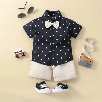 Летняя одежда для джентльменов для мальчиков и девочек, рубашка с короткими рукавами и принтом в горошек, рубашка на пуговицах с галстуком-бабочкой и шорты, повседневная одежда
