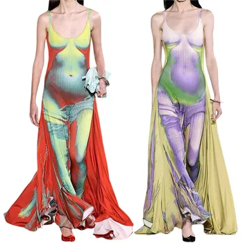 Женское летнее платье на бретелях с 3D-принтом в виде человеческого тела, без рукавов, с U-образным вырезом, трапециевидное платье длиной до щиколоток, Y2K, платья для вечеринок в стиле гранж-клуб