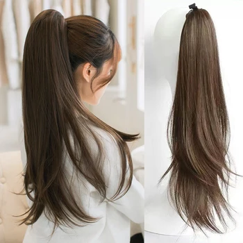 Синтетический длинный волнистый конский хвост для женщин, наращивание волос на завязках, натуральный накладной шиньон