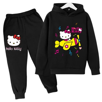 Спортивные костюмы Hello Kitty, Детские Толстовки, Толстовка для мальчиков и девочек, Комплекты одежды, Брюки с капюшоном Hello Kitty, Костюм, Детский пуловер 2023 года выпуска