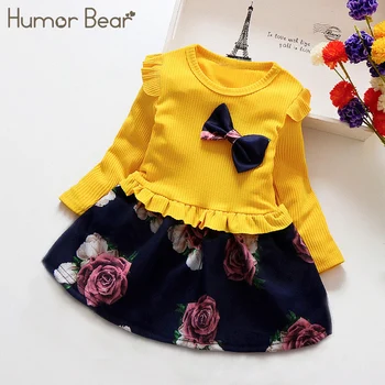 Humor Bear/ Платье с длинными рукавами для девочек, Осеннее Новое Платье принцессы в стиле пэчворк с принтом Floarl, Одежда для малышей от 0 до 3 лет