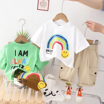 2023 Летняя новая детская футболка со смайликом из мультфильма, тонкая хлопковая футболка с коротким рукавом, детская дышащая одежда из двух частей