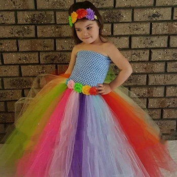 Платье-пачка с радужным цветком для девочек, детское вязаное крючком тюлевое платье, Длинное бальное платье с повязкой на голову, детские платья для костюмов на день рождения