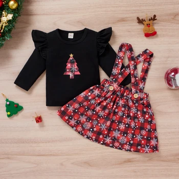 FOCUSNORM/ Комплекты рождественской одежды для младенцев и девочек от 0 до 5 лет, топы с длинными рукавами и принтом рождественских елок из 2 предметов + клетчатая юбка на подтяжках