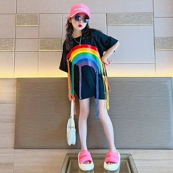 Трикотажные платья для девочек, летняя футболка с коротким рукавом, уличная радуга в стиле хип-хоп, модный уличный топ, детские летние платья средней длины