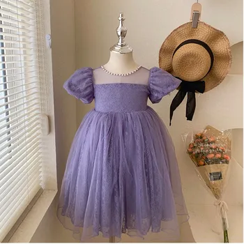 Сетчатое платье принцессы для девочек, летнее фиолетовое платье с коротким пышным рукавом, жемчуг, кружевной бант, тюлевое вечернее платье для детей от 1 до 8 лет