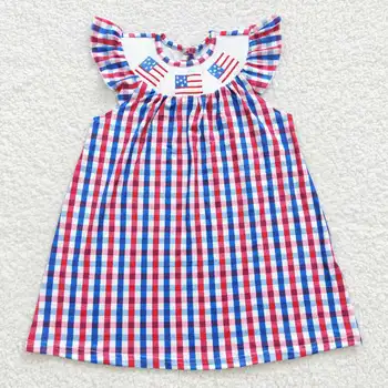 Оптовая продажа, 4 июля, Летнее Детское платье с вышивкой в виде флага для маленьких девочек, одежда в клетку для малышей