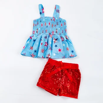 Girlymax Лето, 4 июля, топы со звездами для маленьких девочек, шорты с пайетками, бутик детской одежды из молочного шелка с запахом