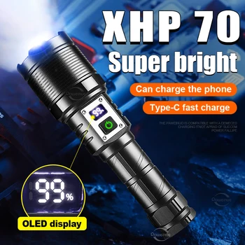 Светодиодный фонарик XHP70 Перезаряжаемый фонарь для кемпинга, мощные светодиодные фонари, мощный фонарь 18650 Type-c, USB-зарядка