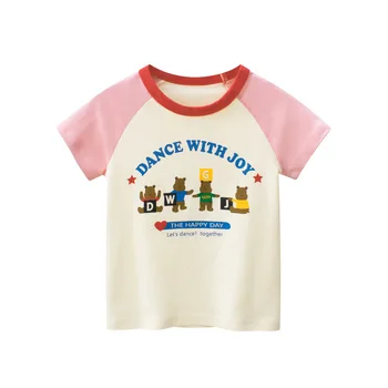Брендовая детская одежда 2023, Летняя новинка, хлопковые топы с короткими рукавами для девочек, детская одежда с мультяшным медведем, прямая поставка
