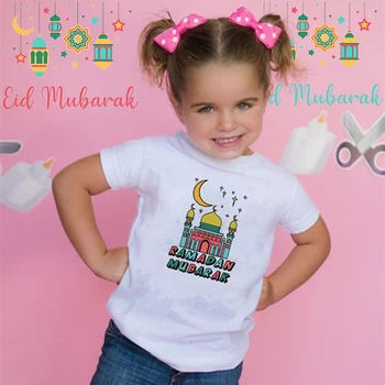 Ид Рамадан, Детская футболка, Топы с короткими рукавами, Исламская Мусульманская Одежда С принтом Рамадана Мубарака, Детская Одежда, Футболка Для Мальчиков И девочек