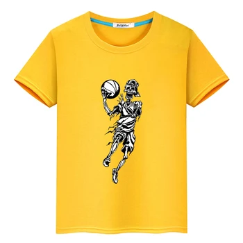 Баскетбольная футболка с изображением скелета, 100% хлопок, детская футболка для мальчиков и девочек, повседневные летние футболки с героями мультфильмов Kawaii