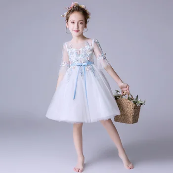Новое поступление, платье для маленьких девочек, Кружевные рукава, лиф с 3D цветами, тюлевое вечернее свадебное платье, официальная детская одежда