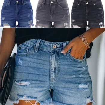 Женские джинсовые шорты, короткие джинсы, женский выстиранный хлопок, простые повседневные дышащие мягкие четырехцветные рваные шорты с высокой талией.