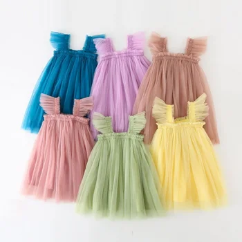 Летнее платье для девочки, слинг без рукавов, Квадратный воротник, Желтое, фиолетовое, Розовое, Синее, Зеленое Сетчатое платье принцессы, детская одежда