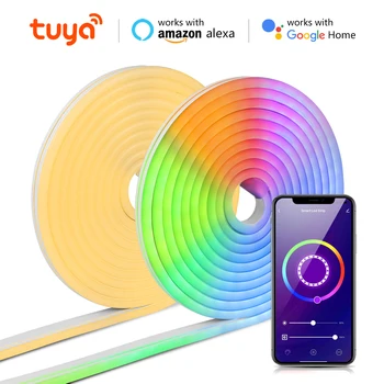 Tuya Smart Life WiFi LED Неоновая Световая Лента 12V LED Лента RGB Неоновая Вывеска Лента Украшение Alexa Google Home Теплый Белый С Зажимами