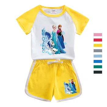 Повседневный спортивный костюм для девочек, летняя детская футболка с коротким рукавом, шорты, комплект из двух предметов, костюм с принтом Disney Frozen Elsa, одежда