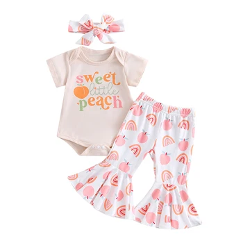 FOCUSNORM 3 шт. Комплекты одежды для новорожденных девочек 0-24 м, комбинезон с короткими рукавами и буквенным принтом, персиковые радужные расклешенные брюки, повязка на голову