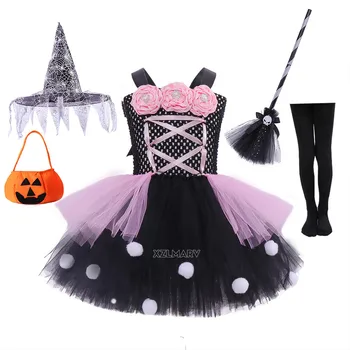 Детский костюм ведьмы-пачки с черно-розовым цветком для девочек, костюм для косплея на Хэллоуин, наряд принцессы для девочек, маскарадные платья со шляпой-метлой