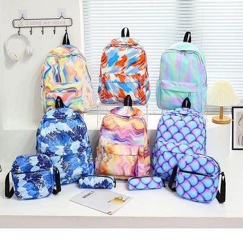 3шт Нейлоновый студенческий рюкзак большой емкости, школьный рюкзак градиентного цвета, школьный ранец с сумочкой-пеналом для девочек-подростков