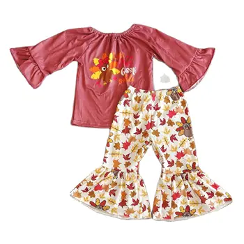 Модный комплект одежды для маленьких девочек, короткий рукав, круглый вырез, пятиточечный кружевной топ с рисунком цыпочки и комплект расклешенных штанов