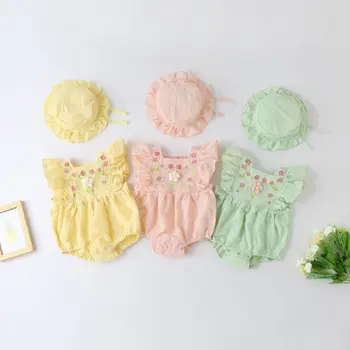 Летняя одежда для маленьких девочек, детский комбинезон и шапочка, хлопковый комбинезон с цветочной вышивкой для малышей с рукавами-крылышками