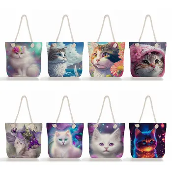 Сумка с цветочным рисунком кота, милые животные, экологичная женская сумка для покупок с принтом, пляжная сумка для путешествий, складная женская сумка через плечо