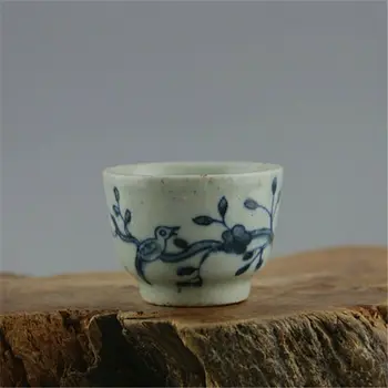 Китайская сине-белая фарфоровая чайная чашка с рисунком Цин в виде цветов и птиц 2,36 дюйма