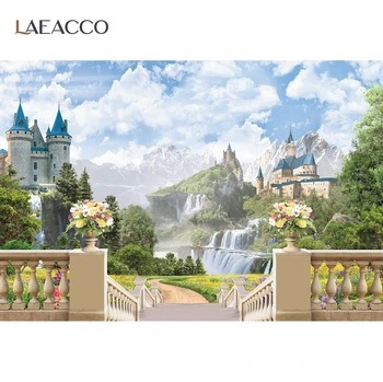 Laeacco Сказочный Замок Забор Небо Гора Водопад Фон для фотосъемки Весенние Цветы Детский душ Фоны для фотостудии