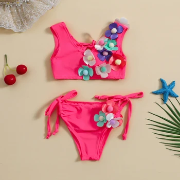 Yiiciovy Сладкий купальник с цветочным рисунком для детей и девочек, прекрасный комплект эластичного бикини без рукавов с 3D цветами, летний пляжный купальник
