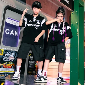 Новая детская одежда в стиле хип-хоп, черно-белая футболка с принтом, шорты-карго, комплект из 2 предметов, Летние детские повседневные хлопковые комплекты одежды в стиле джаз