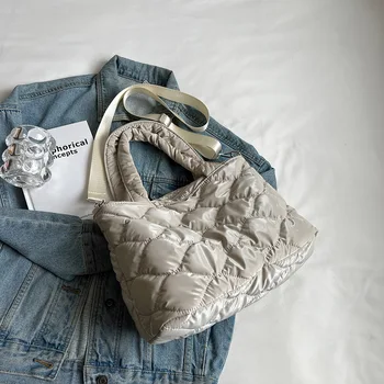 Женские Пуховые сумки, однотонная нейлоновая сумка с хлопчатобумажной подкладкой, повседневная зимняя женская сумка на молнии, модная стеганая зимняя женская сумка-тоут