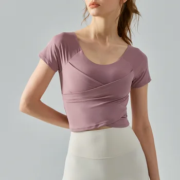 Женская накладка на грудь с перекрестной складкой для йоги с короткими рукавами, цельная, телесного цвета, для самосовершенствования, для тренировок в тренажерном зале, Верхняя одежда для йоги