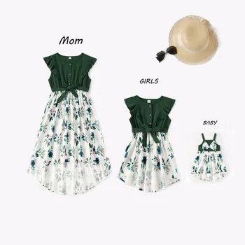 Летняя одежда для мамы и дочки, модные платья с цветочным рисунком, одежда с зеленым бантом, одежда для мамы и меня, домашняя одежда