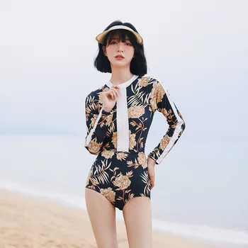 Wisuwore Корейский купальник, цельный купальник с длинным рукавом для женщин, солнцезащитный крем, сексуальная треугольная пляжная одежда, рашгард, спортивные купальники