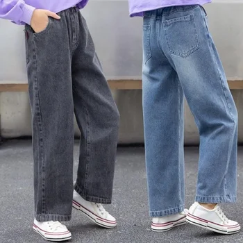 Осенне-зимние детские вельветовые джинсовые брюки для больших девочек, школьные джинсовые широкие брюки 4, 11, 12, 13, 14 лет