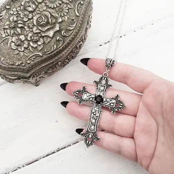 Большое детализированное ожерелье с драгоценным камнем в виде креста и черной дрели, Креативный кулон, ювелирные изделия в стиле готик-панк, модный рок-образ, женский подарок