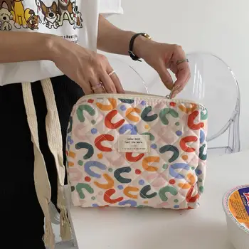 Косметичка большой емкости на молнии Косметичка из хлопчатобумажной ткани с цветочным принтом в корейском стиле, сумочка для ручной смены, ежедневное использование