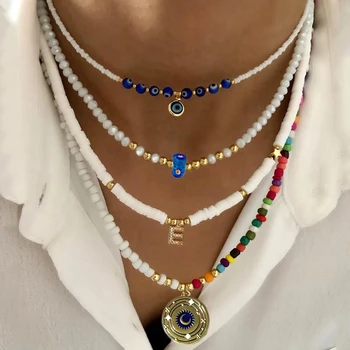 Минималистичное Начальное ожерелье с буквой A-Z для женщин, Алфавит, колье в богемном национальном стиле, цепочки с голубыми глазами, ювелирные изделия, подарок на день рождения