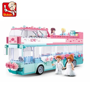 Строительный блок серии Sluban Happy Diary B0769, модель автобуса для свадебной вечеринки, Кирпич, детская игрушка, Розовая невеста, подарок принцессы